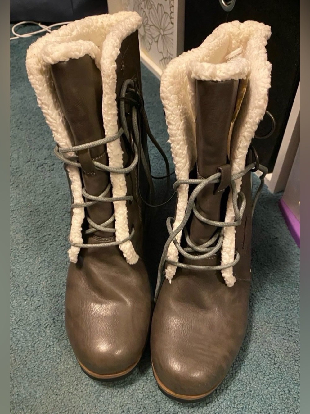 Time and Tru Brown Faux-Sherpa Lace-Up Winter Boots